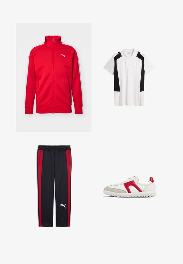 Veste de sport zippée rouge avec un col haut, des rayures blanches sur les côtés, des poignets côtelés et un petit logo blanc sur la poitrine. Texture du tissu lisse.; Polo blanc avec des accents noirs. Manches courtes, col classique, en tissu lisse. Doté d'un logo sur la poitrine et d'un détail sur le côté.; Pantalon de sport noir avec bandes rouges latérales, taille élastique et poches zippées. Présente un logo blanc sur la partie inférieure de la jambe.; Baskets avec une tige en cuir blanc, des accents en cuir rouge et du suède gris. Design minimaliste avec une semelle texturée et un système de laçage.