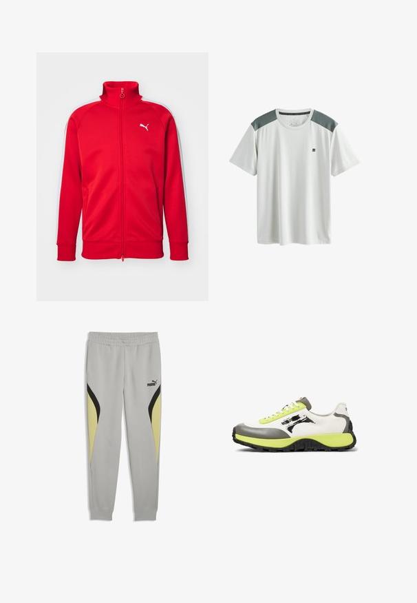 Veste de sport zippée rouge avec un col haut, des rayures blanches sur les côtés, des poignets côtelés et un petit logo blanc sur la poitrine. Texture du tissu lisse.; T-shirt de sport blanc à manches courtes avec des panneaux en mesh gris sur les épaules et un petit logo noir sur le côté gauche de la poitrine.; Pantalon de jogging gris clair avec taille élastique, empiècements noirs et jaunes sur les côtés, et logo Puma sur le haut de la cuisse gauche.; Les baskets présentent une tige en toile blanche, des accents en caoutchouc gris, des lacets vert fluo, un logo bien visible et une semelle noire texturée pour une meilleure adhérence.