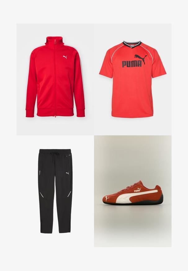 Veste de sport zippée rouge avec un col haut, des rayures blanches sur les côtés, des poignets côtelés et un petit logo blanc sur la poitrine. Texture du tissu lisse.; Maillot de sport rouge à manches courtes fabriqué en tissu respirant. Il présente un logo Puma noir et des accents contrastants noir et blanc au niveau du col.; Pantalon de sport noir Puma avec taille élastique, cordon, poches latérales zippées et logo Puma blanc sur la jambe droite.; Baskets rouges discrètes Puma avec bande latérale blanche, logo Puma sur le côté et l'avant-pied, et semelle noire sur fond neutre.