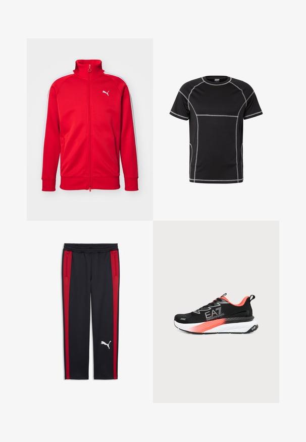 Veste de sport zippée rouge avec un col haut, des rayures blanches sur les côtés, des poignets côtelés et un petit logo blanc sur la poitrine. Texture du tissu lisse.; T-shirt de sport noir à manches courtes avec des coutures plates blanches contrastantes et un col rond, présenté sur fond blanc.; Pantalon de sport noir avec bandes rouges latérales, taille élastique et poches zippées. Présente un logo blanc sur la partie inférieure de la jambe.; Baskets de sport noires et corail avec semelle blanche, logo Emporio Armani EA7 sur le côté et le talon, et languettes de tirage sur la languette et le talon.