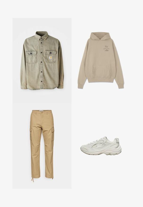 Langdurige overhemd in vervaagd olijfgroen katoen. Heeft twee borstzakken, zwarte knopen en een gemusterd label op de linkerzak.; Beige hoodie van zachte stof, met een voorzak, ribgebreide mouwen en zoom, met de tekst "Whispers of Gold" en een afbeelding op de borst.; Khaki cargobroek met een rechte pasvorm, gemaakt van katoen. Kenmerken zijn onder andere zijzakken, een knoopsluiting en verstelbare enkelbandjes.; Witte sneaker met een gestructureerd bovenwerk en een dikke zool. Kenmerken zijn onder andere gebogen lijnen, subtiele grijze accenten en een veterontwerp.