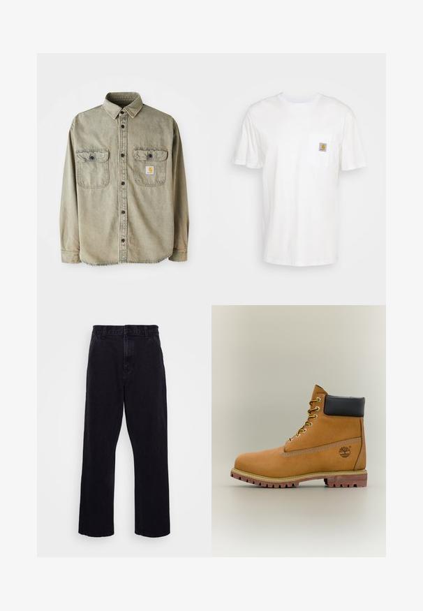 Camisa de manga larga en algodón verde oliva desgastado. Cuenta con dos bolsillos en el pecho, botones negros y una etiqueta con patrón en el bolsillo izquierdo.; Camiseta de algodón blanca con mangas cortas, un bolsillo en el pecho y un pequeño parche cuadrado de logo en naranja y blanco en el bolsillo.; Pantalones de mezclilla negros con un diseño de pierna recta, que cuentan con un cierre de botón y cremallera, presillas para cinturón y detalles de costura mínimos.; Bota de tobillo de cuero marrón con cuello negro, cordones amarillos y suela beige. Presenta un logotipo y detalles de costura blanca. Suela exterior con tracción robusta.