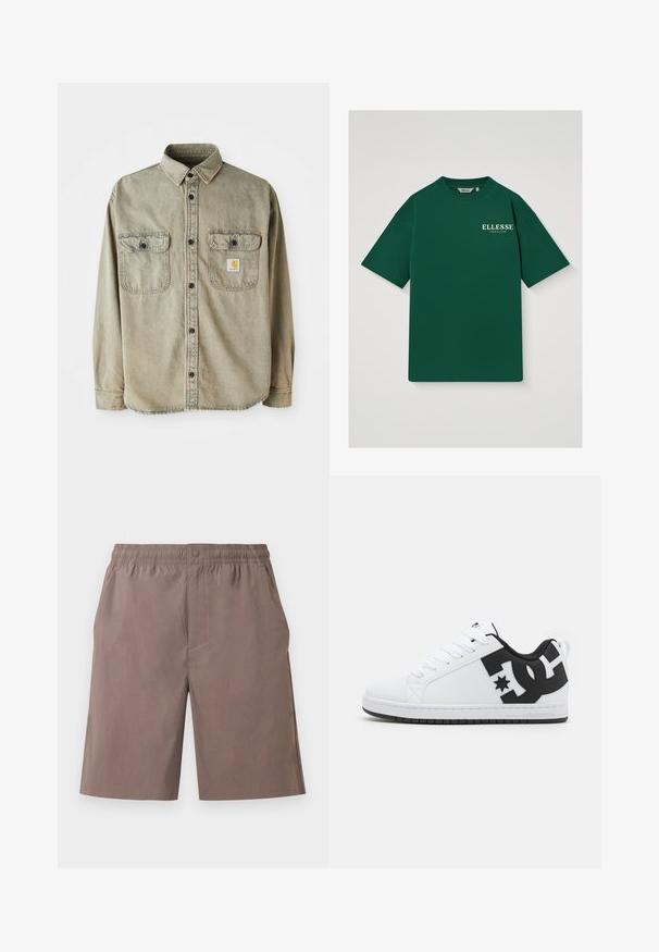 Langdurige overhemd in vervaagd olijfgroen katoen. Heeft twee borstzakken, zwarte knopen en een gemusterd label op de linkerzak.; Donkergroen T-shirt met korte mouwen, met witte tekst "ELLESSE TENNIS CLUB" op de linkerborst, ronde halslijn en middelgrote maatlabel binnenin de kraag.; Bruine knielange herenshorts met elastische tailleband en knoopsluiting, gemaakt van lichtgewicht stof.; Witte sport schoenen met een gladde synthetische bovenkant, voorzien van zwarte logo accenten en een rubberen zool. Vetersluiting, afgeronde teenvorm.