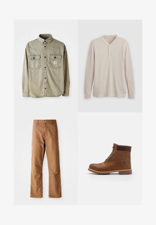 Langdurige overhemd in vervaagd olijfgroen katoen. Heeft twee borstzakken, zwarte knopen en een gemusterd label op de linkerzak.; Lange mouwen henley-shirt in lichtbeige ribbelstof, met een V-hals, een drieknoopsluiting en manchetten. Rode logo-label aan de onderkant.; Bruine rechte broek met riemlussen, voorkant zakken, knoopsluiting en rits op een witte achtergrond.; Bruine leren wandelschoen met een gladde afwerking, gevoerde enkel, metalen oogjes en een rubberen zool met een robuust profiel.