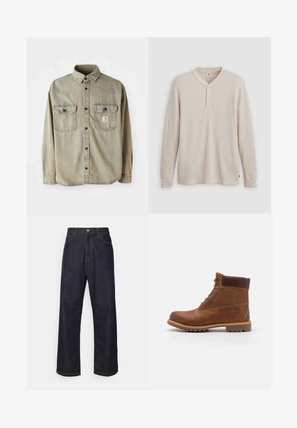 Chemise à manches longues en coton vert olive délavé. Elle présente deux poches poitrine, des boutons noirs et une étiquette à motifs sur la poche gauche.; T-shirt henley à manches longues en tissu côtelé beige clair, avec un col en V, une patte de boutonnage à trois boutons et des manches à poignets. Étiquette logo rouge à l'ourlet.; Jean en denim droit bleu foncé avec des coutures jaunes, bouton frontal, fermeture éclair, et cinq poches.; Botte de randonnée en cuir marron avec une finition lisse, cheville rembourrée, œillets en métal et semelle en caoutchouc dotée d'un motif de crampons robuste.