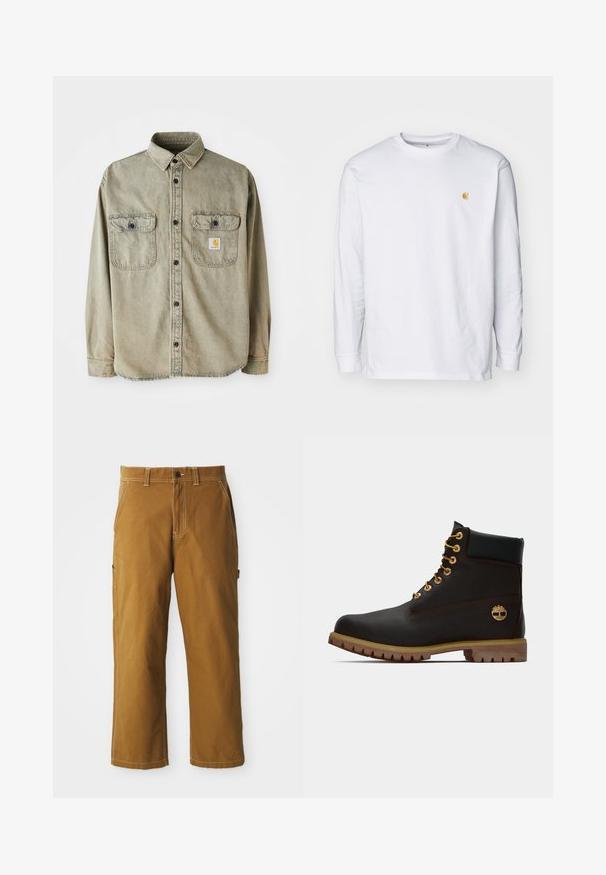 Chemise à manches longues en coton vert olive délavé. Elle présente deux poches poitrine, des boutons noirs et une étiquette à motifs sur la poche gauche.; T-shirt à manches longues blanc en coton. Présente un petit logo doré sur la poitrine et un col rond. Design simple et coupe standard.; Pantalon en coton marron à coupe droite, avec des coutures renforcées et des poches latérales. Il dispose d'une fermeture à bouton et de passants de ceinture à la taille.; Bottine noire en cuir avec œillets dorés, accents marron et semelle en caoutchouc. Comprend un col rembourré et un logo estampé sur le côté.
