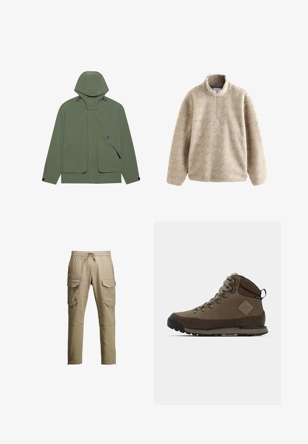Zelená nepremokavá bunda s kapucňou, s veľkými prednými vreckami, zipsovým bočným vreckom a nastaviteľnými šnúrkami. Hladká textúra.; Béžový sherpa fleece pulóver s dlhými rukávmi a polozipsom na golieri, mäkký na dotyk a teplý pre chladné počasie.; Béžové cargo nohavice s pásom na stiahnutie, viacerými bočnými vreckami a detailmi so zipsom. Vyrobené z odolného materiálu, so strihom priamych nohavíc.; Hnedé polokožené turistické topánky vyrobené z kože a textilu, s kovovými očkami, šnúrkami, polstrovaným golierom a robustnou čiernou gumovou podrážkou.