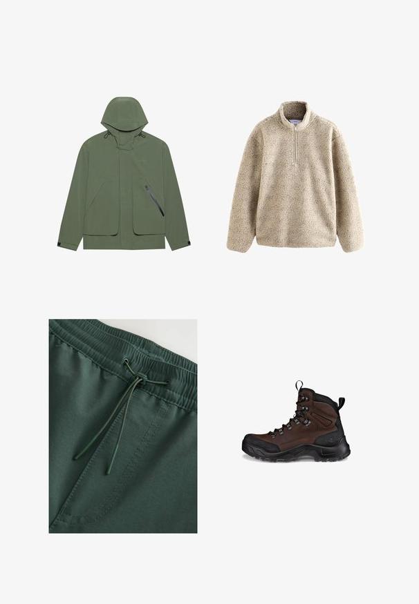 Groene waterdichte jas met een capuchon, voorzien van grote voorzakken, een ritszak aan de zijkant en verstelbare trekkoorden. Glad textuur.; Beige sherpa fleece trui met lange mouwen en een halve ritskraag, zacht van textuur en warm voor koud weer.; Donkergroene sweatshorts met een elastische tailleband en trekkoord, zacht van textuur en met zichtbare stiksels. Eenvoudig, functioneel ontwerp.; Bruine wandelschoen met een textuurleder bovenwerk, zwart rubberen neuskap, versterkte ogen en een robuuste buitenzool voor grip.