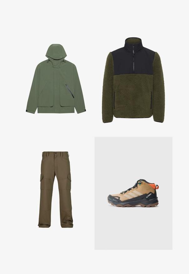 Veste imperméable verte avec capuche, dotée de grandes poches avant, d'une poche latérale zippée et de cordons de serrage réglables. Texture lisse.; Pull-over en polaire vert olive avec un panneau en nylon noir sur la poitrine. Il comprend un col montant, une fermeture éclair mi-haute et des poches latérales.; Pantalons cargo en vert olive foncé, avec plusieurs poches, des coutures renforcées, une coupe droite et un tissu à texture lisse.; Botte de randonnée marron et noire avec des panneaux en mesh, trois bandes blanches, un renfort au niveau des orteils et une semelle en caoutchouc texturée pour une meilleure adhérence.