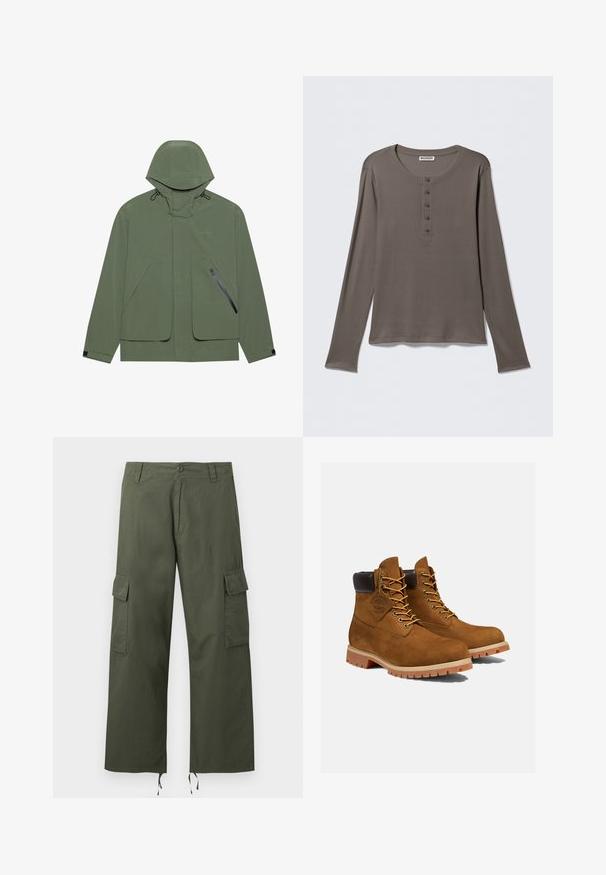 Veste imperméable verte avec capuche, dotée de grandes poches avant, d'une poche latérale zippée et de cordons de serrage réglables. Texture lisse.; Chemise henley grise à manches longues avec cinq boutons et encolure ronde, présentée sur un fond blanc uni.; Pantalon cargo vert olive avec poches latérales à rabat, fermeture par boutons, passants de ceinture et cordons ajustables aux larges ourlets des jambes.; Bottines en daim marron avec un col rembourré noir, œillets dorés et semelle en caoutchouc épais avec un motif à crampons pour l'adhérence.