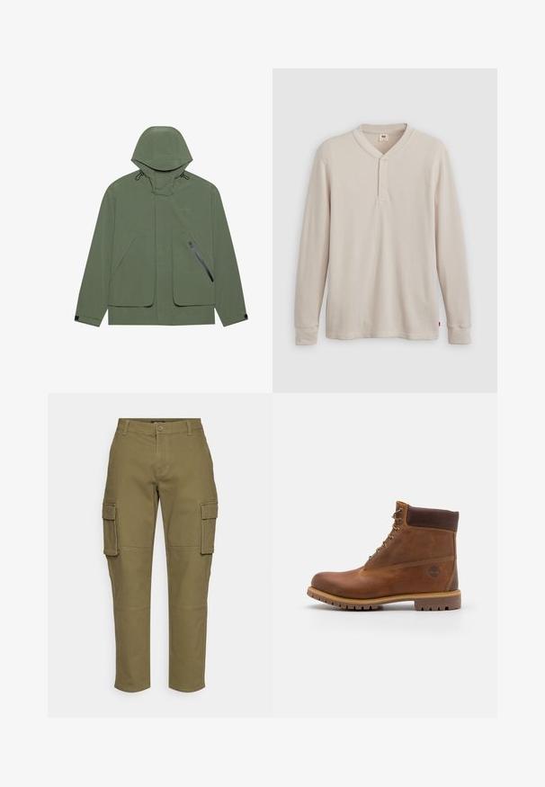Grüne wasserdichte Jacke mit Kapuze, großen Fronttaschen, einer seitlichen Reißverschlusstasche und verstellbaren Kordeln. Glatte Textur.; Langärmliges Henley-Shirt aus leicht beigem Rippstoff mit V-Ausschnitt, Knopfleiste mit drei Knöpfen und angeschnittenen Ärmeln. Roter Logo-Tag am Saum.; Olivgrüne Cargo-Hosen mit geradem Bein, ausgestattet mit Seitentaschen, einem Knopfverschluss und sichtbaren Nähdetails. Aus strapazierfähigem Material gefertigt.; Braune Lederwanderschuhe mit glatter Oberfläche, gepolstertem Knöchel, Metallösen und einer Gummisohle mit robustem Profil.