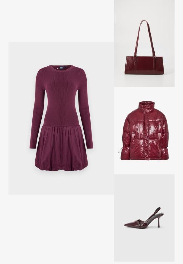 Skinnende mørkerød dunjakke med høj krave, forlommer, lange ærmer og et let oversized, quiltet design.; Lilla kjole med ribbet overdel, lange ærmer og en rynket nederdel. Stoffet ser glat ud med en let tekstur.; Bourgogne laklæder slingback-hæl med spids tå, tynd ankelrem og lille dekorativ spænde. Glat tekstur og høj hæl.; Bordeaux håndtaske lavet af glansfuldt materiale, rektangulær form, med to skulderremme og subtile buede detaljer på forsiden.