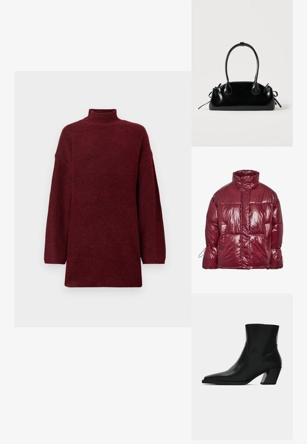 Glänzende dunkelrote Steppjacke mit hohem Kragen, Fronttaschen, langen Ärmeln und einem leicht übergroßen, gesteppter Design.; Burgunderfarbener Sweater mit hohem Kragen, strukturiertem Strickdesign, oversized Passform und langen Ärmeln. Der Saum fällt unter die Hüften und schafft eine entspannte Silhouette.; Schwarze Leder-Stiefelette mit spitzem Zeh, schlanker Silhouette und klobigem quadratischem Absatz. Glatte Textur mit minimalen Nähdetails.; Kleine schwarze glänzende Handtasche mit zwei langen Griffen und seitlichen Kordelzug-Details vor einfachem hellem Hintergrund.