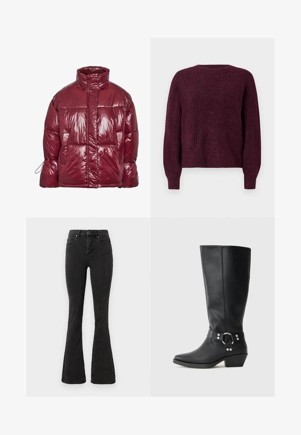 Glänzende dunkelrote Steppjacke mit hohem Kragen, Fronttaschen, langen Ärmeln und einem leicht übergroßen, gesteppter Design.; Burgunderfarbener Pullover mit strukturiertem Strickmuster, Rundhalsausschnitt und langen Ärmeln mit gerippten Bündchen. Weiches Material mit lässiger Passform.; Schwarze hoch taillierte Schlagjeans mit vorderem Knopf- und Reißverschluss, vorderen und hinteren Taschen sowie gerade abgesteppten Säumen.; Schwarze Lederstiefel bis zum Knie mit spitzem Zehenabschluss, ausgestattet mit einem dekorativen Knöchelriemen und silbernen Hardware-Elementen. Niedriger Blockabsatz.