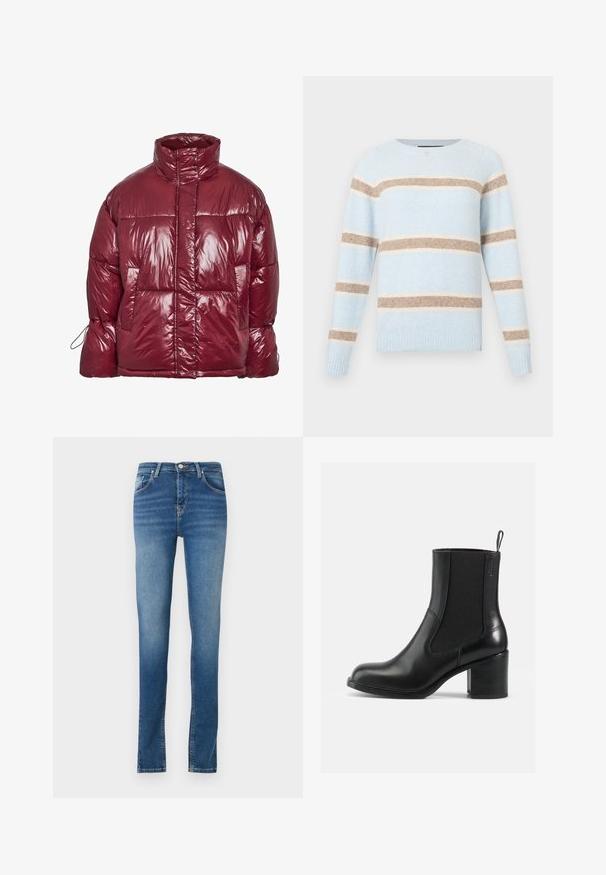 Skinnende mørkerød dunjakke med høj krave, forlommer, lange ærmer og et let oversized, quiltet design.; Lyseblå strikket sweater med beige og off-white horisontale striber samt ribbede ærme- og bundkanter, vist på hvid baggrund.; Fadede blå denim jeans med lige pasform. Har en knap- og lynlåslukning, fem lommer og minimale syninger.; Sort læder ankelstøvle med elastiske sidepaneler, rund tå og blokhæl. Glat tekstur med minimale syninger.