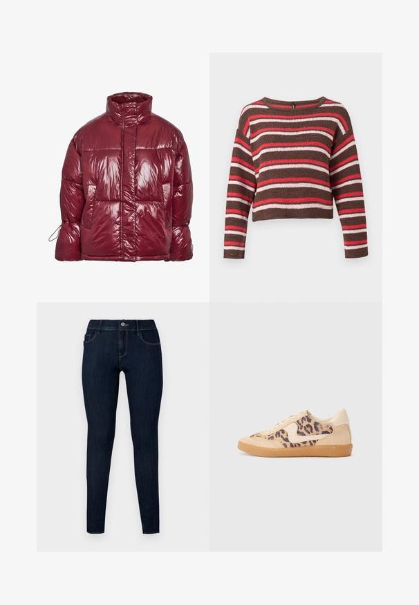 Glanzend donkerrode pufferjas met hoge kraag, voorzakken, lange mouwen en een licht oversized, doorgestikt ontwerp.; Bruine gebreide trui met lange mouwen met horizontale rode, roze en witte strepen en een ronde hals.; Donkerblauwe skinny jeans van denimstof, met een sluiting met een knoop aan de voorkant, riemlussen en vier zakken met een gladde textuur.; Luipaardprint sneakers met een beige suède bovenkant, tan rubberen zool en witte accenten. Ronde neus en vetersluiting met een gestructureerde afwerking.