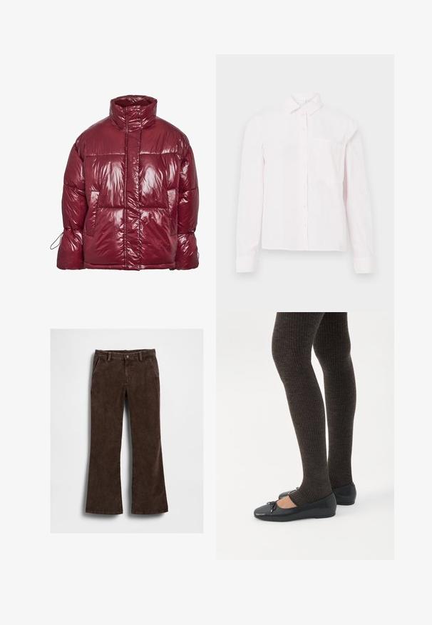 Skinnende mørkerød dunjakke med høj krave, forlommer, lange ærmer og et let oversized, quiltet design.; Lyserød langærmet skjorte med knaplukning, krave og en enkelt brystlomme, vist på en hvid baggrund.; Brune manchetflarede bukser i fløjl med en glat tekstur, med forlommer og en enkelt knaplukning i taljen.; Ben iført mørke ribbede leggings kombineret med sorte balletsko med små sløjfedetaljer på hvid baggrund.