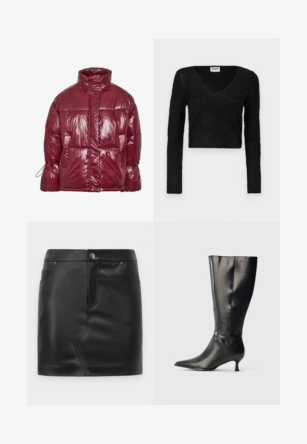 Skinnende mørkerød dunjakke med høj krave, forlommer, lange ærmer og et let oversized, quiltet design.; Sort langærmet crop top med V-hals, tekstureret stof med et mønster og en tætsiddende pasform. Blødt materiale med en subtil glans.; Sort faux læder mini nederdel med frontknap, lynlås lukning, front- og baglommer samt sømdetaljer.; Sort knæhøj læderstøvle med spids tå og lav kittenhæl, vist på en enkel lys baggrund.