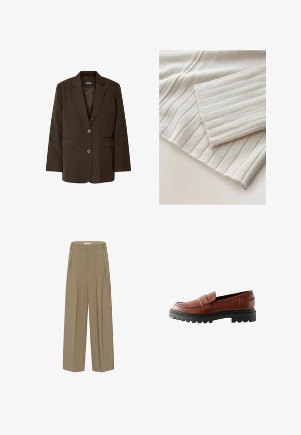 Brun blazer med en enkeltknap design, to forlommer, skråklippede klapper og knaplukning. Glat stoftekstur. Branded etikette synlig.; Ribbede striktrøje i lys beige. Har en blød tekstur med lodrette linjer og en foldet manchet. Materialet ser hyggeligt og varmt ud.; Beige vidde bukser lavet af tekstureret stof, med høj talje, læg og et rent, struktureret design. Skræddersyet finish uden synlig hardware.; Brune læder loafers med en forhøjet tåhætte, dekorativ rem og tekstureret sort gummisål med markant mønster.