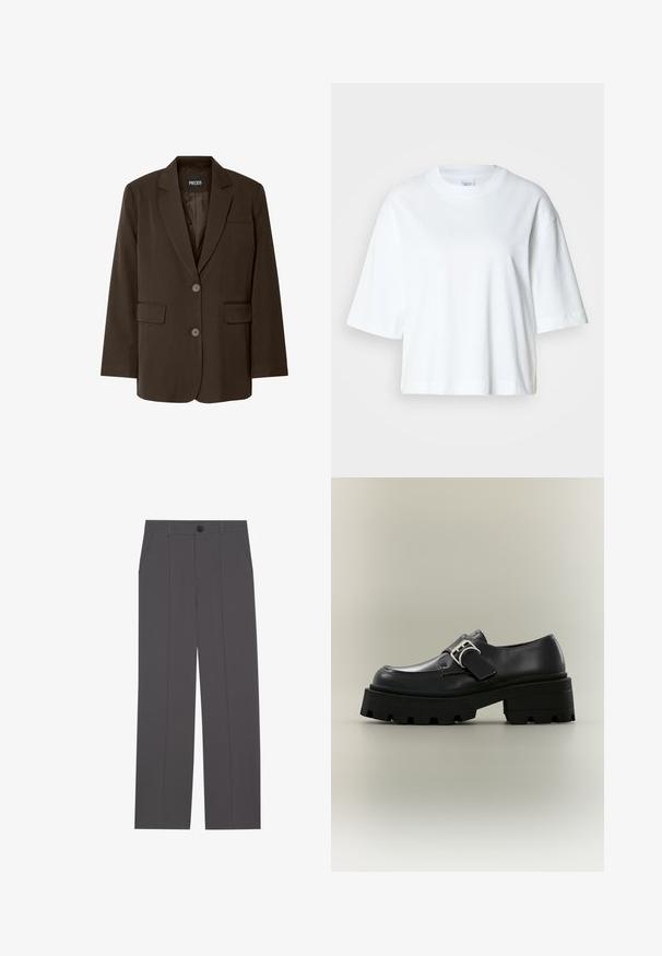 Bruine blazer met een enkelvoudig ontwerp, twee voorzakken, geplooide revers en knoopsluiting. Gladde stofstructuur. Merkenlabel zichtbaar.; Witte cropped t-shirt met korte mouwen, ronde hals, gemaakt van zacht katoen, met een eenvoudig en strak ontwerp.; Grijze broek met een recht model, voorzien van twee zijzakken en een knoopsluiting. Gladde stof zonder zichtbare patronen of accenten.; Zwarte leren loafer met grove profielzool en zilveren gespsluiting, gefotografeerd tegen een effen lichtgrijze achtergrond.