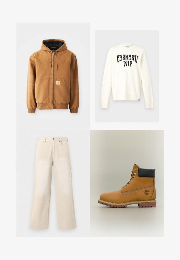 Veste à capuche zippée marron avec poches avant, cordons de serrage, poignets côtelés et une petite étiquette carrée sur la poche gauche.; Pull à manches longues col rond écru avec le texte noir "CARHARTT WIP" sur la poitrine et une petite étiquette de la marque en bas de l’ourlet.; Pantalon beige à jambes larges avec poches avant, fermeture par boutons et passants de ceinture, présenté sur un fond blanc uni.; Bottine en cuir marron avec col noir, lacets jaunes et semelle beige. Présente un logo et des détails de couture blanche. Semelle extérieure à traction robuste.