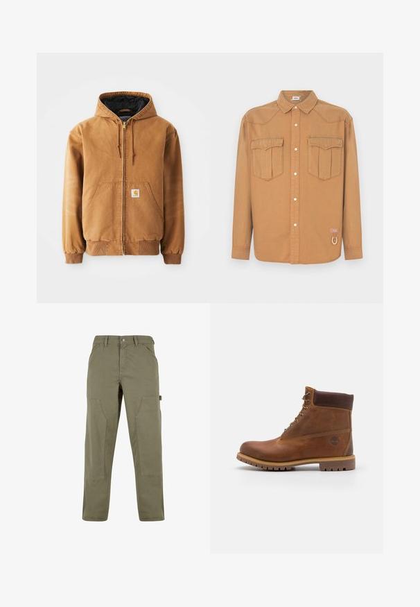 Veste à capuche zippée marron avec poches avant, cordons de serrage, poignets côtelés et une petite étiquette carrée sur la poche gauche.; Chemise en denim marron avec deux poches poitrine, col pointu, devant boutonné et coutures contrastées. Présente un patch logo et un détail boucle.; Pantalons cargo en mélange de coton vert olive, dotés de poches latérales, d'une fermeture à bouton et d'une coupe décontractée avec des coutures renforcées.; Botte de randonnée en cuir marron avec une finition lisse, cheville rembourrée, œillets en métal et semelle en caoutchouc dotée d'un motif de crampons robuste.