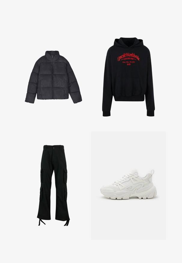 Sort polstret jakke med høj krave, frontlynlås, to sidelommer og syet paneldesign. Blød tekstur med en mat finish.; Sort hoodie lavet af bomuldsblanding, med en frontlomme, ribbede manchetter og et rødt grafisk tekstdesign på brystet.; Sorte cargo bukser lavet af holdbart stof har flere sidelommer, et lige ben-design og snøringer i bunden for justerbar pasform.; Hvide atletiske sneakers med en struktureret overdel, netpaneler, fremtrædende gummisål og dekorative udsparinger på siden.