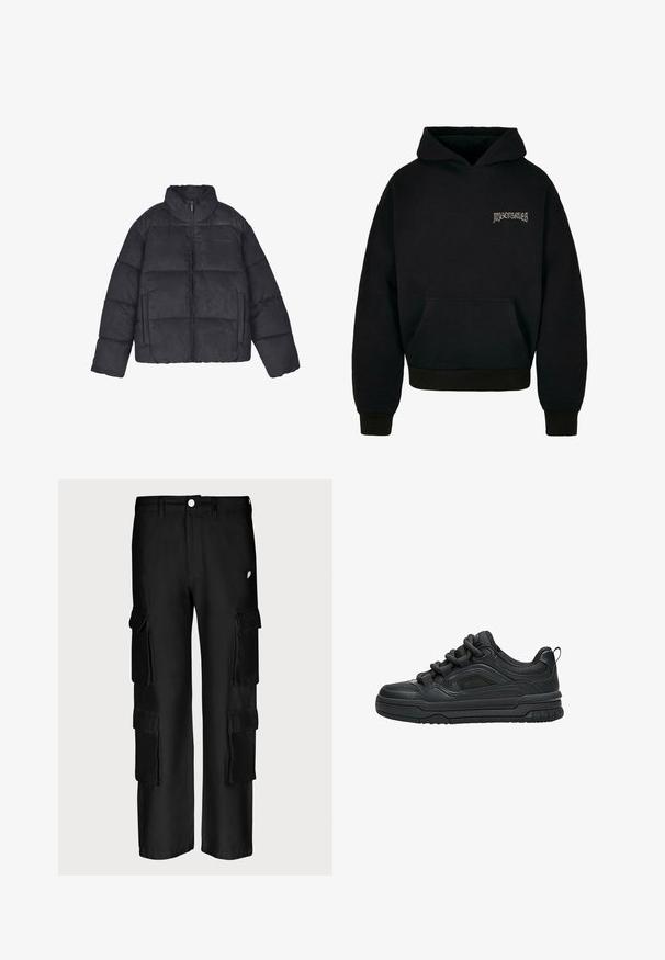 Schwarze gepolsterte Jacke mit hohem Kragen, Frontreißverschluss, zwei Seitentaschen und genähtem Paneeldesign. Weiche Textur mit matter Oberfläche.; Schwarzer Hoodie aus einem Baumwollmix, mit einer Fronttasche, gerippten Bündchen und einem Logo in Hellgrau auf der linken Brustseite.; Schwarze Cargo-Hosen mit lockerer Passform, mehreren Seitentaschen, einem Knopfverschluss und einer glatten Stofftextur.; Schwarzer Low-Top-Sneaker mit dicker Sohle, gepolstertem Kragen, Mesh-Einsätzen und kräftigen Schnürsenkeln, dargestellt vor weißem Hintergrund.