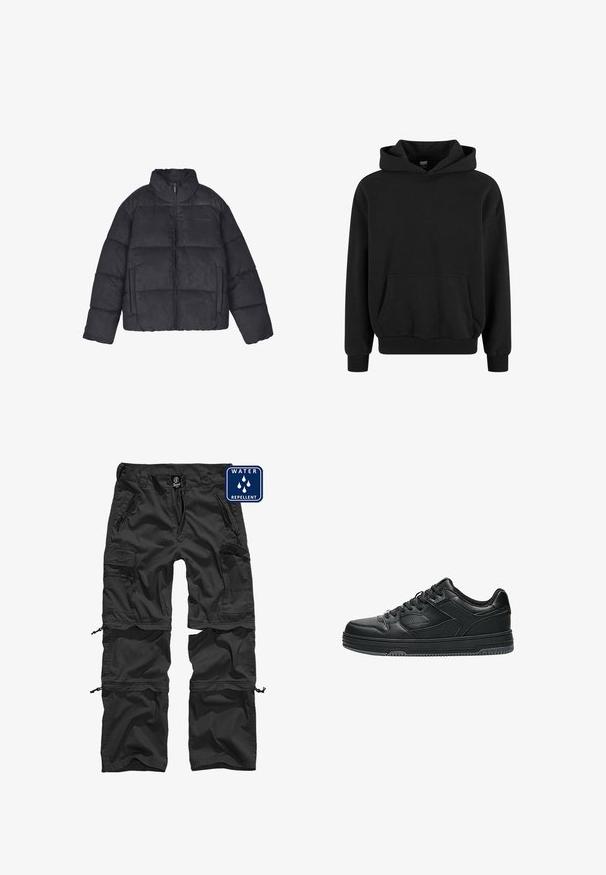 Schwarze gepolsterte Jacke mit hohem Kragen, Frontreißverschluss, zwei Seitentaschen und genähtem Paneeldesign. Weiche Textur mit matter Oberfläche.; Schwarzer Hoodie mit Kängurutasche, weiten Ärmeln und gerippten Bündchen sowie Saum. Hergestellt aus weichem Stoff mit glatter Textur.; Schwarze wasserabweisende Cargo-Hose mit Reißverschlusstaschen, verstellbaren Bündchen und einem strapazierfähigen Material. Mit einem Logo am Bund.; Schwarzer Sneaker in niedriger Ausführung mit strukturierten Lederpaneelen, Schnürverschluss und Gummisohle, von der Seite auf weißem Hintergrund gezeigt.