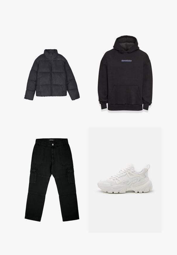 Sort polstret jakke med høj krave, frontlynlås, to sidelommer og syet paneldesign. Blød tekstur med en mat finish.; Sort hætte sweatshirt lavet af en blanding af bomuldsstof. Har en frontlomme og et logo i blå og rød. Ribbekanter ved håndleddene og kanten.; Sorte cargo bukser lavet af denim, med flere lommer, lige ben design og tekstureret stof med synlige sømdetaljer.; Hvide atletiske sneakers med en struktureret overdel, netpaneler, fremtrædende gummisål og dekorative udsparinger på siden.