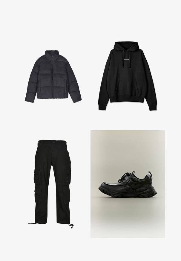 Μαύρο φόρεμα με επένδυση και ψηλό γιακά, μπροστινό φερμουάρ, δύο πλαινές τσέπες και ραμμένο σχέδιο πάνελ. Μαλακή υφή με ματ φινίρισμα.; Μαύρη φούτερ κατασκευασμένη από μείγμα βαμβακιού, διαθέτει τσέπη καγκουρό, κουκούλα με κορδόνι και λογότυπο "PEGADOR" μπροστά σε ασημί χρώμα. Μαλακή υφή, άνετη εφαρμογή.; Μαύρο cargo παντελόνι από ανθεκτικό ύφασμα, με πολλαπλές πλευρικές τσέπες, άνετη εφαρμογή και ρυθμιζόμενες λουρίδες στον αστράγαλο.; Μαύρο χοντρό αθλητικό παπούτσι με ρυθμιζόμενο λουρί, μπλοκέ κορδόνι και ανθεκτική σόλα, εμφανίζεται σε πλαϊνή όψη σε ουδέτερο φόντο.
