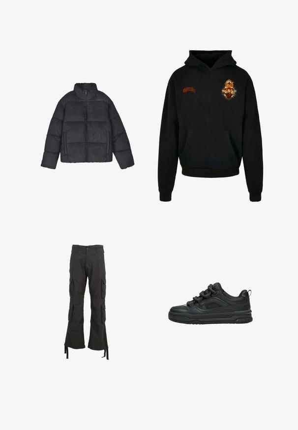 Sort polstret jakke med høj krave, frontlynlås, to sidelommer og syet paneldesign. Blød tekstur med en mat finish.; Sort hoodie med en frontlomme, prydet med et farverigt hjerte og blomsterdesign på brystet samt orange tekst, der læser "migonztales."; Sorte cargo-bukser med flere sidelommer, en afslappet pasform, knaplukning og justerbare snore ved anklerne. Fremstillet af slidstærkt stof.; Sort lavtop sneaker med tyk sål, polstret krave, mesh paneler og chunky snørebånd vist mod en hvid baggrund.