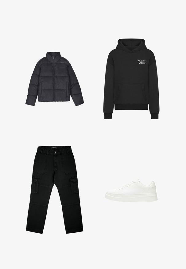 Sort polstret jakke med høj krave, frontlynlås, to sidelommer og syet paneldesign. Blød tekstur med en mat finish.; Sort hætte sweatshirt med en frontlomme, der har et hvidt "Forever Classic" logo på brystet. Lavet af blødt, tekstureret stof.; Sorte cargo bukser lavet af denim, med flere lommer, lige ben design og tekstureret stof med synlige sømdetaljer.; Hvid sneaker med en glat læderoverdel, flade snørebånd og en tyk gummisål. Minimalistisk design med diskret syning og glatte detaljer.