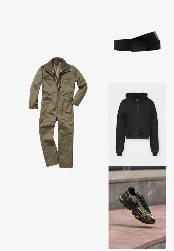 Atelier de roupa SNUG JACKET UNISEX - Flísová bunda - black; Olivovo zelený overal vyrobený z odolnej tkaniny, s predným zipsom, rebrovaným golierom a viacerými zipsovými vreckami na hrudi a po stranách.; Čierno-žltá teniska New Balance 1000 visí nad ružovým kamenným povrchom s pozadím z šedej kamennej steny.; Čierny textilný opasok s textúrovaným povrchom, vybavený obdĺžnikovou čiernou kovovou prackou. Pracka je zdobená logom "Urban Classics".