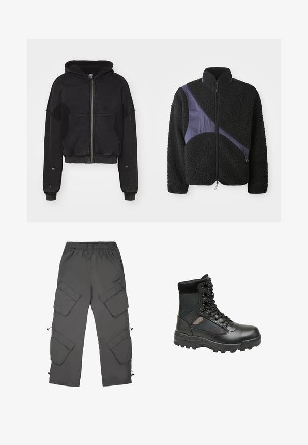Atelier de roupa SNUG JACKET UNISEX - Fleecejakke - black; Sort fleecejakke med en diagonal lilla nylonaccent, høj krave, lynlås lukning og tekstureret stof for varme.; Cargo bukser i mørkegrå stof med elastisk talje, flere cargo-lommer, snoretræk ved bunden og en glat tekstur.; Sort militærstil støvle med læderoverdel, stofpaneler, snørebånd foran og robust gummisål for godt fodfæste. Forstærket tå og ankelsupport.