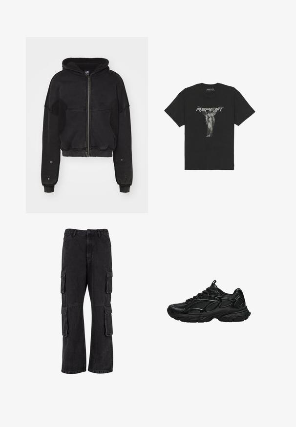Atelier de roupa SNUG JACKET UNISEX - Fleecejakke - black; Sort bomulds t-shirt med korte ærmer, prydet med et frontalt grafisk billede af en statue og ordet "REPENT" i fed grå skrift.; Sorte cargo-bukser lavet af denim, med en løs pasform, flere sidelommer og syet detaljer. Teksturen er let falmet.; Sort atletiksko med mesh og syntetisk overdel, tyk polstret sål og snørebånd, vist fra siden på hvid baggrund.