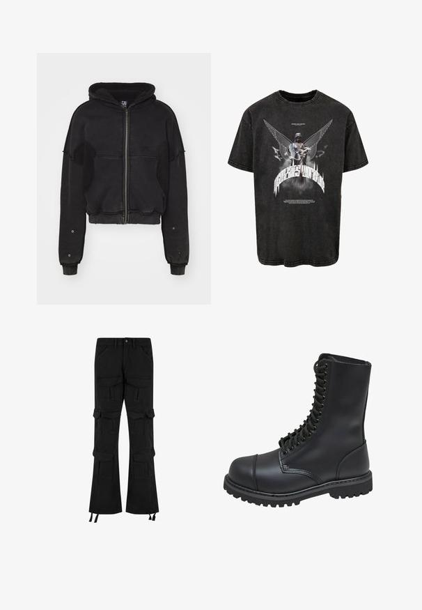 Atelier de roupa SNUG JACKET UNISEX - Fleecejakke - black; Sort oversized T-shirt lavet af denim, med et grafisk motiv af en statue med vinger og tekst, samt en let slidt struktur.; Sorte cargo-bukser lavet af denim, med flere lommer, et bredt ben-design og justerbare snore ved kanten.; Sort læder kampstøvle med høj skaft, snørebånd foran, polstret krave og en robust tekstureret sål for godt greb. Har forstærket tåhætte.