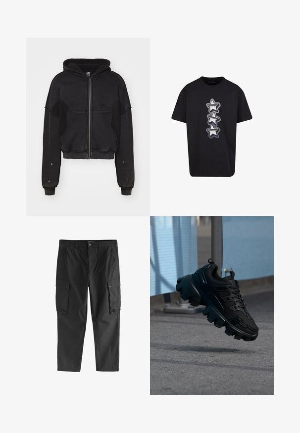Atelier de roupa SNUG JACKET UNISEX - Fleecejakke - black; Sort t-shirt lavet af bomuld med tre stablede stjerner i sølv og grå med omrids, der viser en afslappet pasform og rund halsudskæring.; Sorte cargobukser med lynlåslommer foran, knaplukning på sidelommer med klap og bæltestropper, vist mod en hvid baggrund.; Sort chunky sneaker med tyk slidbane sål, der svæver over en grå fortov mod en sløret lyseblå og grå baggrund.