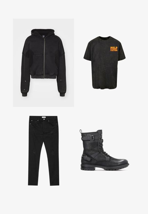 Atelier de roupa SNUG JACKET UNISEX - Fleecejakke - black; Sort bomulds T-shirt med afslappet pasform, der har kortærmet design og et retro 'PULP FICTION' grafisk motiv i orange på venstre bryst.; Sorte slim-fit jeans med subtile slidte pletter, metalknap, forlommer og et Pier One-mærke i taljen.; Kazar HEARD - Cowboy- / bikerstøvlette - black