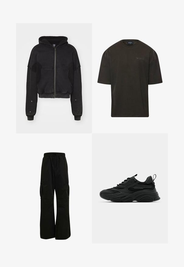 Atelier de roupa SNUG JACKET UNISEX - Flísová bunda - black; Tmavohnedé oversize tričko s krátkymi rukávmi, okrúhlym výstrihom a jemne vyšívaným logom na hrudi v kontrastnej farbe. Bavlnená látka.; Čierne cargo nohavice s elastickým pásom, voľným strihom a veľkými bočnými vreckami pre praktickosť a pohodlie. Hladký povrch.; Čierne športové tenisky s mohutnou podrážkou, sieťovinovými panelmi a gumovými akcentmi. Majú pútko na päte a textúrované vzory.