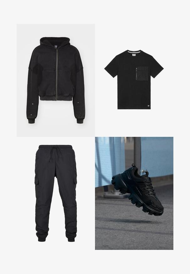 Atelier de roupa SNUG JACKET UNISEX - Flísová bunda - black; Čierne tričko vyrobené z bavlny, s krátkymi rukávmi a zipsovým vreckom na hrudi. Jednoduchý dizajn s logom značky v dolnom ľavom rohu.; Čierne cargo nohavice s elastickým pásom a sťahovacím povrázkom, so bočnými vreckami a manžetami na spodnej časti. Vyrobené z ľahkej, odolnej tkaniny.; Čierna robustná teniska s hrubou podrážkou, vznášajúca sa nad sivým chodníkom, na rozmazanom svetlomodrom a sivom pozadí.