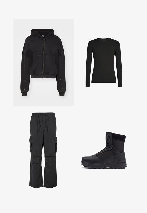 Atelier de roupa SNUG JACKET UNISEX - Fleecejakke - black; Sort, tætsiddende langærmet T-shirt med rund hals og et diskret Icebreaker-logo på venstre ærme, vist på en hvid baggrund.; Sorte cargo bukser med vidde ben, elastisk linning, snøre og flere klaplommer på lårene og den nederste del af benene.; Sort taktisk støvle med en glat læderoverdel og stofpaneler, høj ankeldesign, snørebånd foran og slidstærk gummisål.