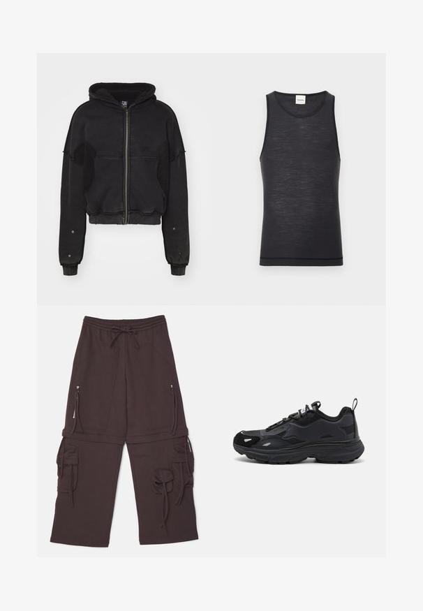 Atelier de roupa SNUG JACKET UNISEX - Fleecejakke - black; Sort ærmeløs tanktop lavet af let materiale, med en rund halsudskæring og en subtil tekstur, samt en kontrastdetalje i kanten.; Brune sweatpants med elastisk talje, justerbar snøre, to sidelommer med lynlås og cargo-stil detaljer med bånd.; Sort løbesko med en tekstureret overdel, glatte syntetiske detaljer, tyk sål og reflekterende elementer. Har et snørebåndsdesign og en pull tab.