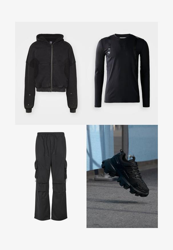 Atelier de roupa SNUG JACKET UNISEX - Φλις μπουφάν - black; Μαύρο αθλητικό μπλουζάκι με μακριά μανίκια, φτιαγμένο από λεία, ελαστική ύφανση. Διαθέτει γυαλιστερά μαύρα στοιχεία στους ώμους και λογότυπο Adidas στο στήθος.; Μαύροι φαρδιοί παντελόνια cargo με ελαστική μέση, κορδόνι και πολλαπλές τσέπες με καπάκι στους μηρούς και στα κάτω μέρη των ποδιών.; Μαύρο chunky αθλητικό παπούτσι με παχιά σόλα με πέλμα, που αιωρείται πάνω από γκρι πεζοδρόμιο, με φόντο θολό γαλάζιο και γκρι.