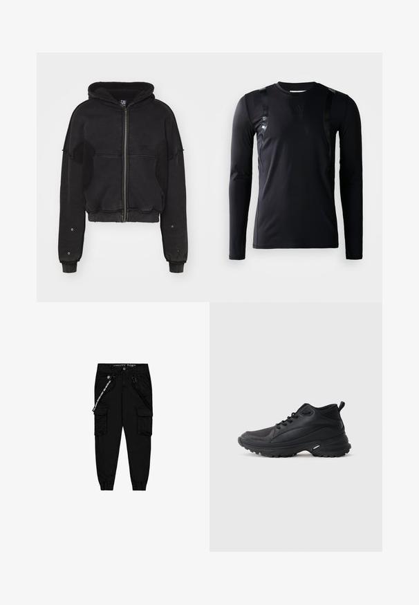 Atelier de roupa SNUG JACKET UNISEX - Fleecejakke - black; Sort langærmet træningsskjorte lavet af glat, strækbart stof. Har glansfulde sorte detaljer på skuldrene og et Adidas-logo på brystet.; Sorte cargo bukser lavet af letvægtsstof, med to sidelommer, en elastisktalje og justerbare ankelmanchetter.; Sorte atletikskøjter lavet af syntetisk materiale. Har en polstret krave, rund tå, robust ydersål med godt greb og detaljer med mærkelogo.
