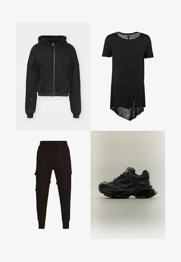 Atelier de roupa SNUG JACKET UNISEX - Fleecejakke - black; Sort kortærmet t-shirt med rund halsudskæring, asymmetrisk kant, gennemsigtig tekstur og en sidelukning. Blødt, let stof.; Sort cargo-bukser med snøre i taljen, sidelommer og strukturerede detaljer på cargo-lommerne og stropperne. Tætsiddende manchetter ved anklerne.; Sort chunky sneaker med tekstureret design, tyk sål og snørelukning vist mod en almindelig neutral baggrund.