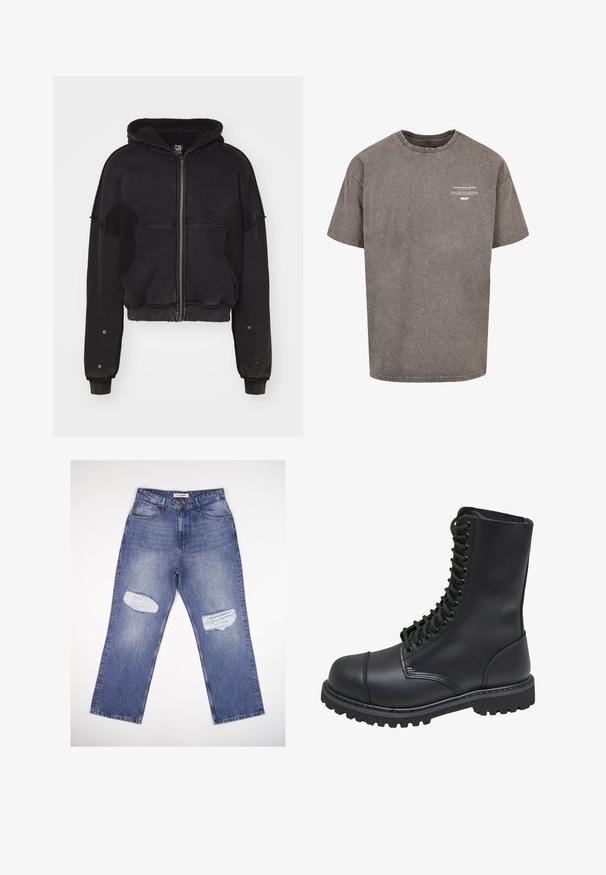 Atelier de roupa SNUG JACKET UNISEX - Fleecejakke - black; Grå oversized bomulds T-shirt med rund halsudskæring, korte ærmer, slidte tekstur og hvid trykt tekst på forsiden.; Lyseblå denimjeans med høj talje, lige ben og to slidte pletter foran. Klassisk design med fem lommer.; Sort læder kampstøvle med høj skaft, snørebånd foran, polstret krave og en robust tekstureret sål for godt greb. Har forstærket tåhætte.