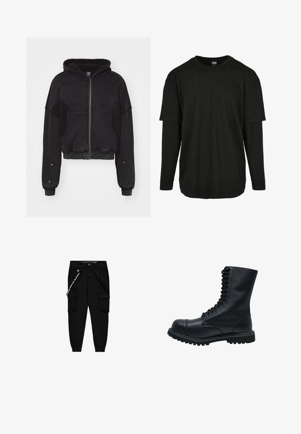 Atelier de roupa SNUG JACKET UNISEX - Fleecejakke - black; Urban Classics OVERSIZED SHAPED DOUBLE LAYER LS TEE - Langærmet T-shirt - black/black; Sorte cargo bukser lavet af letvægtsstof, med to sidelommer, en elastisktalje og justerbare ankelmanchetter.; Sort læder snørebåndsstøvle med rund tå, høj skaft, tyk gummisål og struktureret overflade. Har forstærket syning langs sømmene.