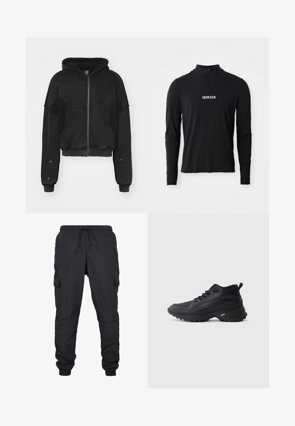 Atelier de roupa SNUG JACKET UNISEX - Fleecejakke - black; Sort langærmet top med høj krave, der har en kvartlynlås og hvid "CALVIN KLEIN" logo på forsiden. Glat, strækbart stof.; Sorte cargo bukser med elastisk talje og snoretræk, med sidelommer og manchetter. Lavet af let og holdbart stof.; Sorte atletikskøjter lavet af syntetisk materiale. Har en polstret krave, rund tå, robust ydersål med godt greb og detaljer med mærkelogo.