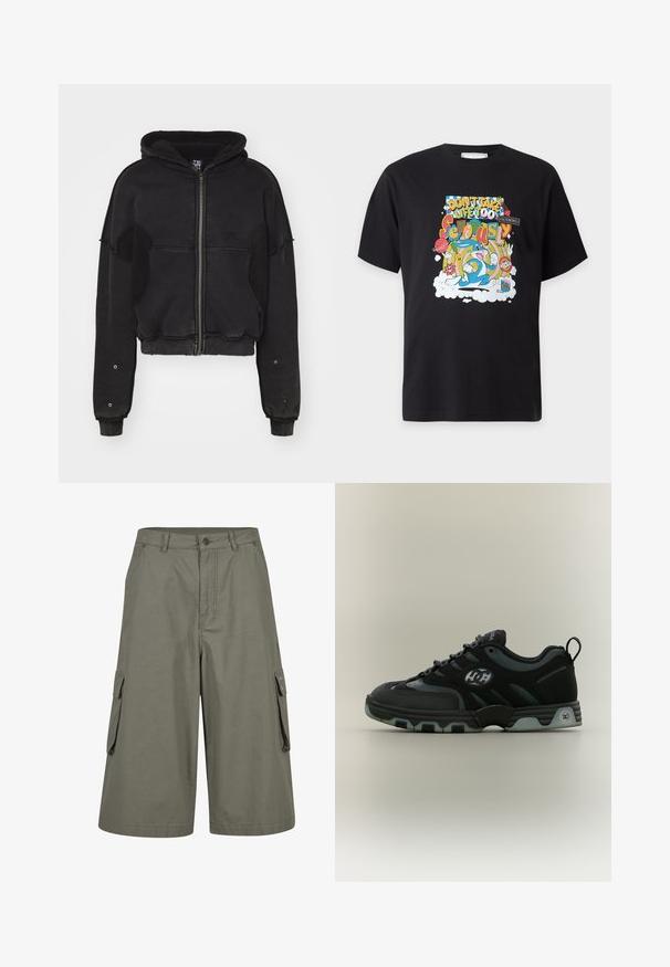 Atelier de roupa SNUG JACKET UNISEX - Flísová bunda - black; Čierne tričko s farebnou kreslenou grafikou s Bugs Bunnym a textom „Neber život príliš vážne“ v rôznych fontoch a štýloch.; Olivovo zelené cargo krátke nohavice po kolená s bočnými vreckami s chlopňou, zapínaním na gombíky a pútkami na opasok.; Čierno-tmavosivé skate topánky DC s logom na boku, hrubou podrážkou s priehľadnými akcentmi a pútkom na päte.